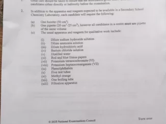 Approved NECO Chemistry Practical Specimen 2025